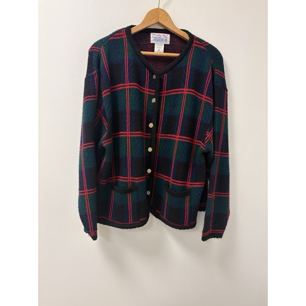Vintage Tally-Ho Black Watch Tartan w/Red Stripe Plaid Cardigan Sweater Sz XL